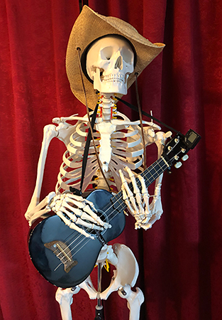 Skeleton playing a Ukulele